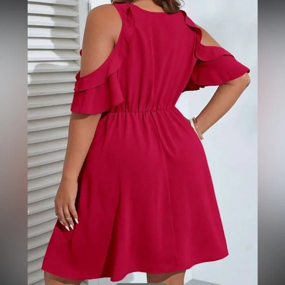 🆕 SHEIN Red Cold Shoulder Dress!!! Brand New!!! Plus 4X - Picture 3 of 5